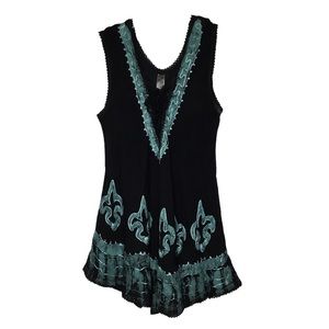 India BOUTIQUE Embroidered Black & Green V-Neck Boho Sleeveless Top - One Size